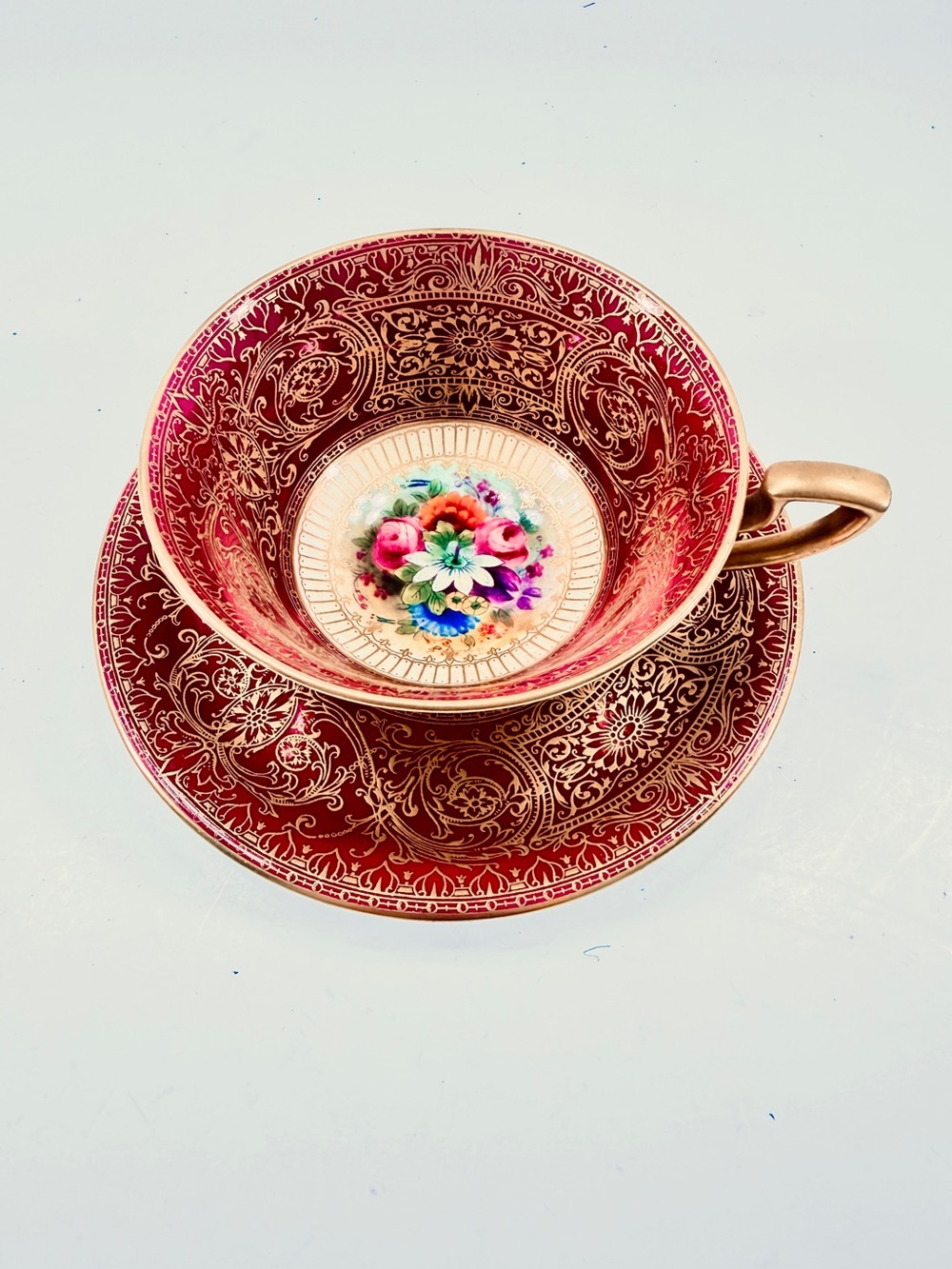 RARE Antique Royal Worcester Cranberry Gold Teacup Cup Saucer Set Gump’s 1929